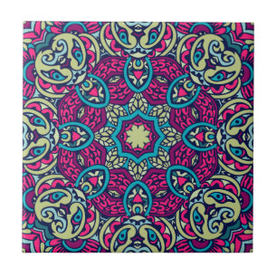 Azulejo Verde azulado, magenta, oro y olivo, Boho Mandala