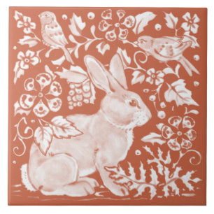 Azulejo Verde azulado Tan Rust Rabbit Bird Woodland se enf