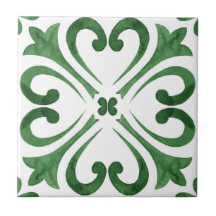 Azulejo Verde Bosque y Floral Marroquí en Acuarela Blanca