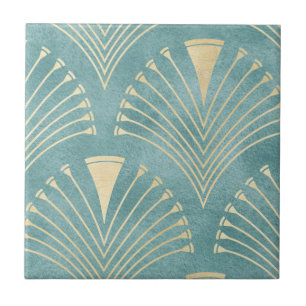 Azulejo Verde de la pluma, oro, patrón Art Decó, vintage, 