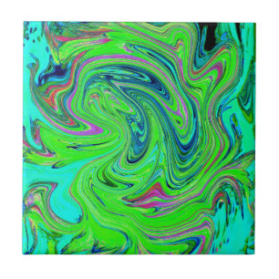 Azulejo Verde Lima y Arte Abstracto Retro Groovy Azul