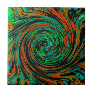 Azulejo Verde Lima y Naranja Torbellino Abstracto Retro