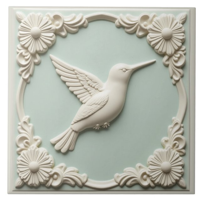 Azulejo Verde menta relieve falso Art Nouveau Colibrí  (Frente)