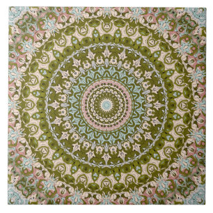 Azulejo Verde Oliva y Patrón de Mandala Pastel