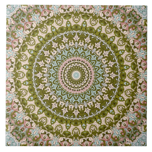 Azulejo Verde Oliva y Patrón de Mandala Pastel (Frente)