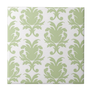 Azulejo verde salvia negrita gran patrón de damasco