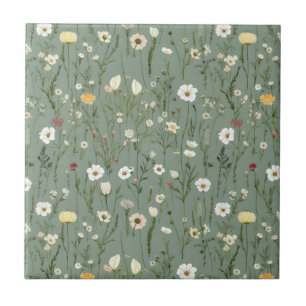Azulejo Verde Salvia Rosa Amarillo Blanco Floral Sin Costu