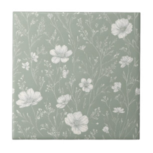 Azulejo Verde Salvia Suave y Patrón de Flores Silvestres B