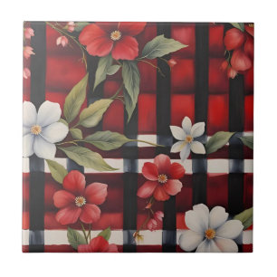 Azulejo Verja Roja Blanca y Negra Floral Cuadro Granja