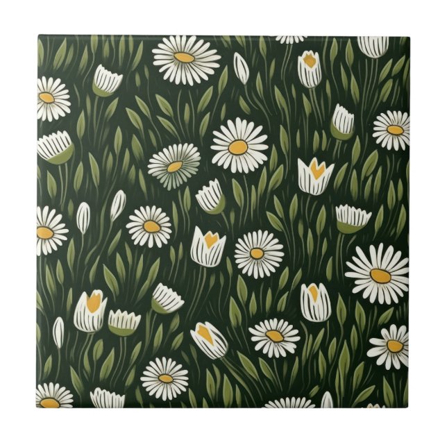 Azulejo Vibrant Daisy Pattern with Lush Green Accents (Frente)