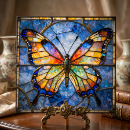 Azulejo Vibrant Faux Stained Glass Butterfly Mosaic Art