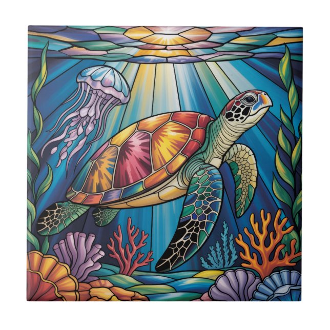 Azulejo Vibrant Stained Glass Sea Turtle Ocean Design (Frente)