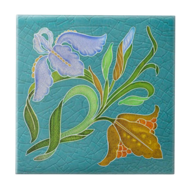 Azulejo Vibrante Art Nouveau Iris Floral Antique Repro (Frente)