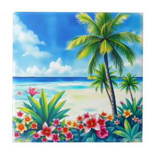 Azulejo Vibrante escena tropical con palmeras