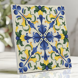 Azulejo Vibrante Floral Mediterráneo Azul y Amarillo 
