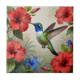 Azulejo Vibrante Hibisco Floral de Colibrí