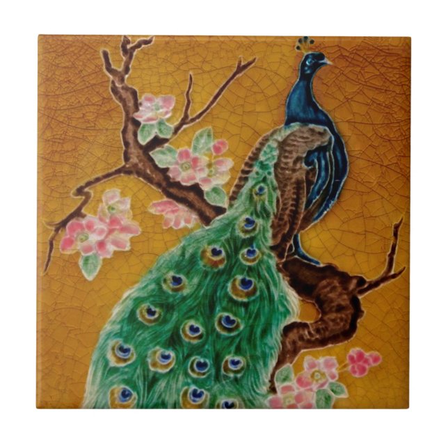 Azulejo Vibrante Majolica Peacock Repro Antigüedad Tile (Frente)