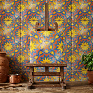 Azulejo Vibrante mandala floral marroquí naranja y azul