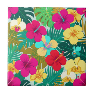 Azulejo Vibrante patrón floral de hibisco tropical