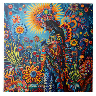 Azulejo Vibrante Resumen del patrón étnico tribal Huichol