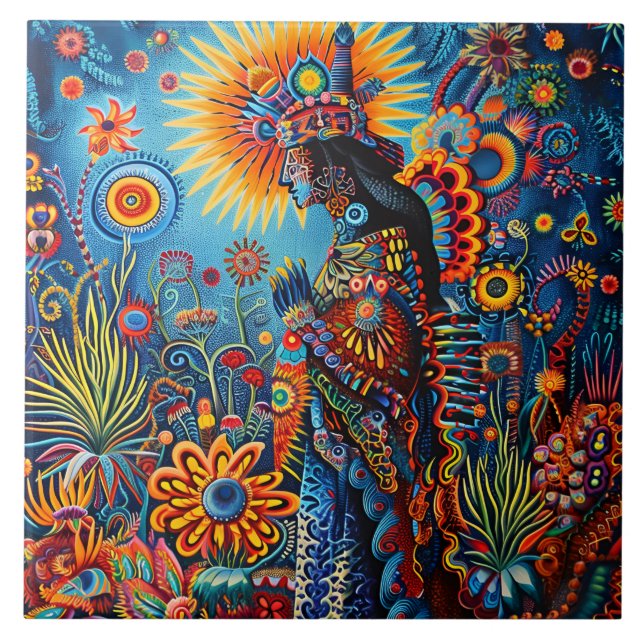 Azulejo Vibrante Resumen del patrón étnico tribal Huichol (Frente)