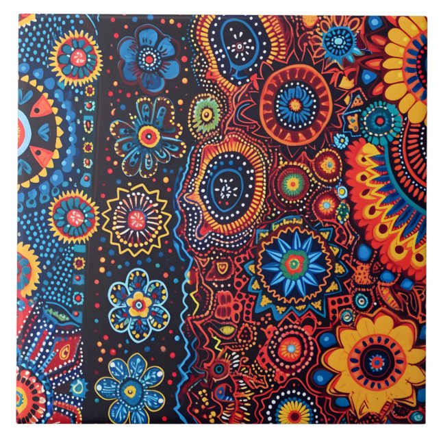 Azulejo Vibrante Resumen del patrón étnico tribal Huichol (Frente)