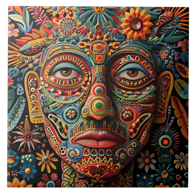 Azulejo Vibrante Resumen del patrón étnico tribal Huichol (Frente)