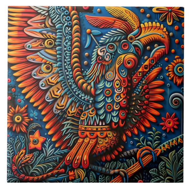 Azulejo Vibrante Resumen del patrón étnico tribal Huichol (Frente)