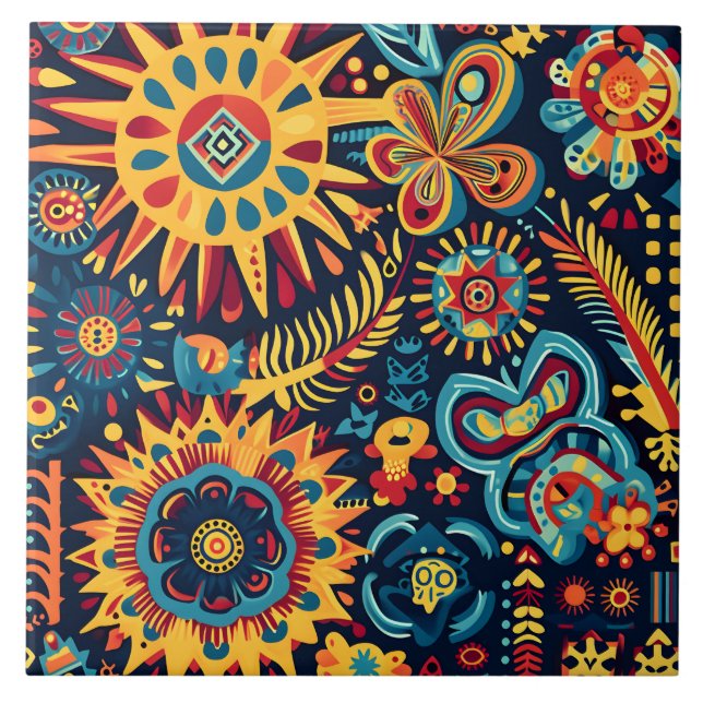 Azulejo Vibrante Resumen del patrón étnico tribal Huichol (Frente)