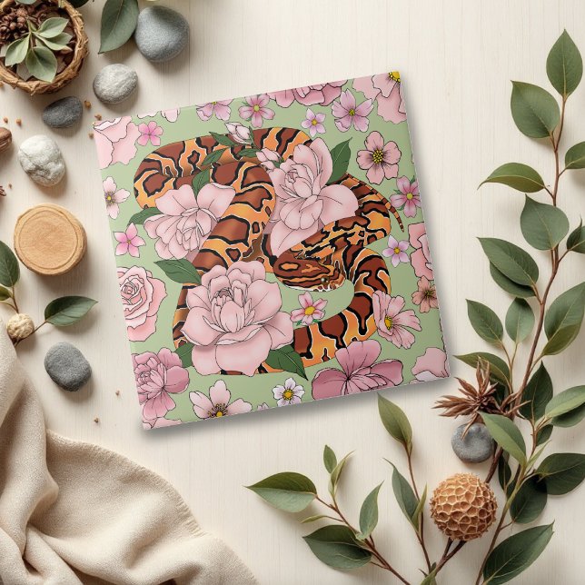 Azulejo Vibrante serpiente de maíz Flores de peonía rosada (Subido por el creador)