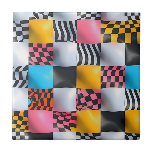 Azulejo Vibrante tablero de ajedrez 3D - Retro Pop retro r (Frente)