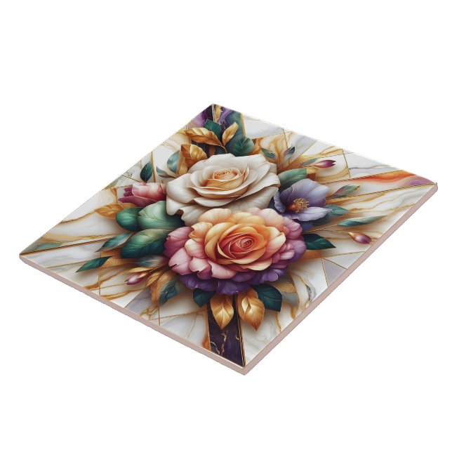 Azulejo Vibrantes Rosas con hojas sobre fondo de mármol (Lado)