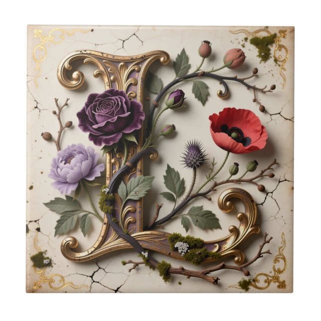 Azulejo Victorian Floral Gold Letter L Monogram (Frente)