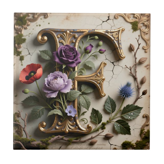 Azulejo Victorian Floral Patina Letter F Monogram (Frente)
