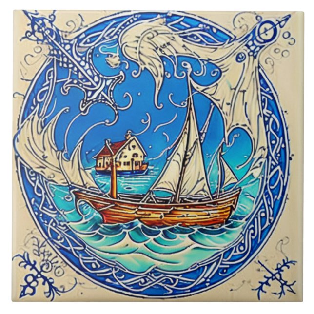 Azulejo Vida marina náutica arte tradicional de cerámica n (Frente)