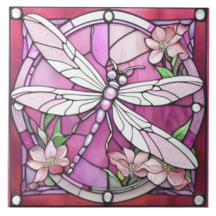 Azulejo Vidrio blanco y rosa magenta de la libélula