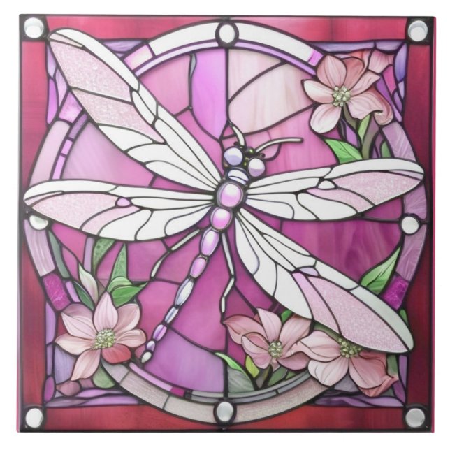 Azulejo Vidrio blanco y rosa magenta de la libélula (Frente)