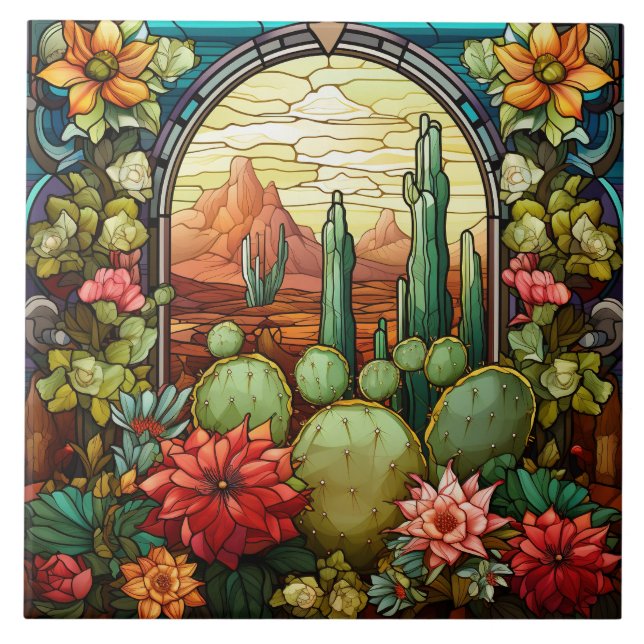 Azulejo Vidrio de Cactus Pintado  (Frente)