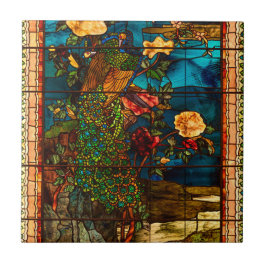 Azulejo Vidrio emplomado vintage con pavos reales y flores