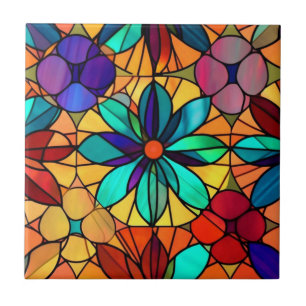 Azulejo Vidrio Floral Flor Azul Antiguo