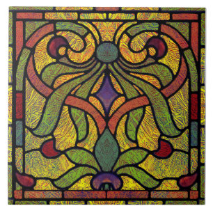 Azulejo Vidrio pintado victoriano en verde y dorado