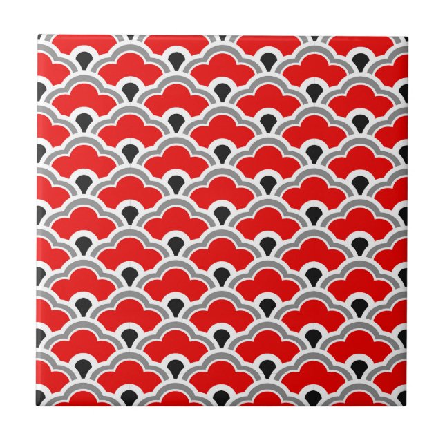 Azulejo Vieiras chinas decadas, mosaico rojo, negro y blan (Frente)