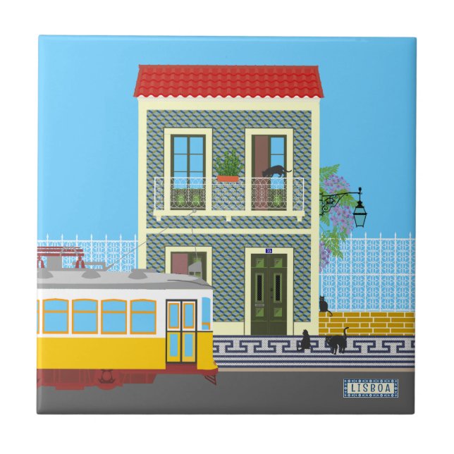 Azulejo Vieja casa de Lisboa con gatos y tranvía amarillo (Frente)