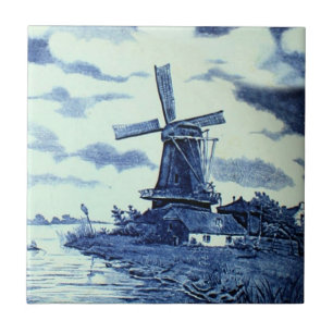 Azulejo Viejo Antiguo Delft Blue Tile - Molino de viento