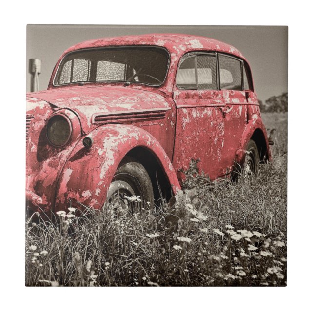 Azulejo Viejo mosaico de camiones rojos y ruidosos (Frente)