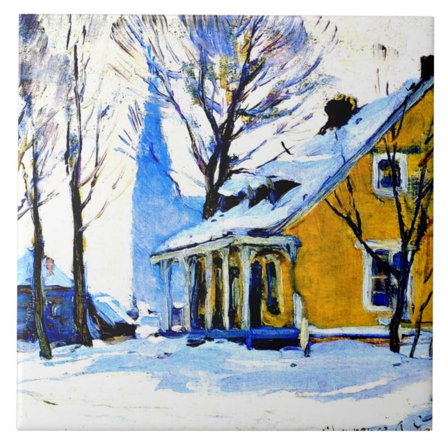 Azulejo Villa Canadiense, Día Gris, arte Clarence Gagnon, (Frente)