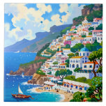 Azulejo Villa Positano, Italia, acuarela de la costa itali<br><div class="desc">"arte de italia costera positano",  "edificios y casas italianas",  "costa de la ciudad costera",  "zona de acuarela turística",  "playa multicolor de colores",  "ciudad de pueblo pesquero costero",  "vacaciones de verano de las montañas",  "recuerdo del agua del mar oceánico",  "riviera costera tradicional del puerto pronunciada",  "casas de vacaciones mediterráneas amalfi"</div>