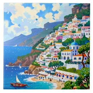 Azulejo Villa Positano, Italia, acuarela de la costa itali