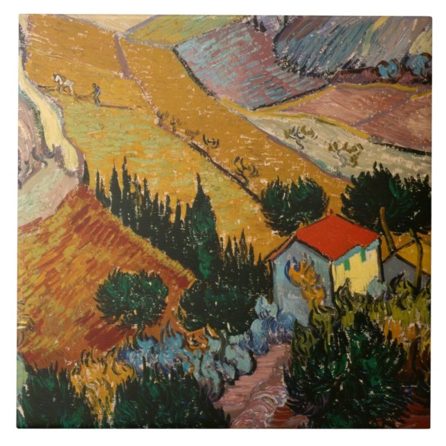 Azulejo Vincent van Gogh | Paisaje con Casa y Flor (Frente)