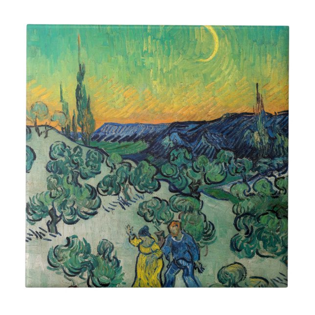 Azulejo Vincent van Gogh - Paisaje iluminado por luna con  (Frente)